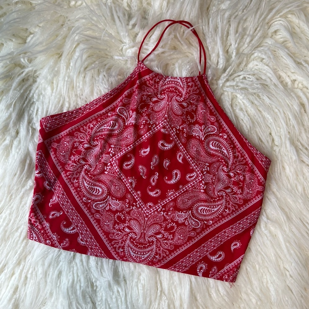 Faded rose red bandanna halter top